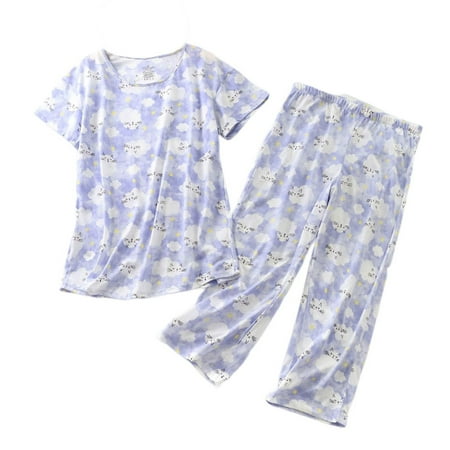 Previn Women s Cotton Capri Pajama Set Cartoon Lounge SetCute 2 Piece Short Sleeve Shirt Capri Pant Pj Sleepwear Comfy Summer Loungewear V Neck Patterned16 Large