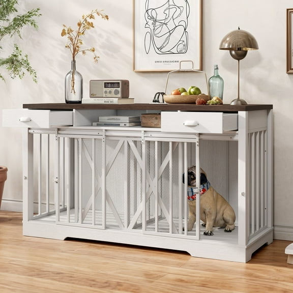 Uforic 63-inch Dog Crate Furniture,TV Stand with Charging Station,Dog Kennel with Double Sliding Barn Door - White