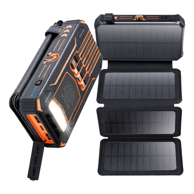 Power Bank Solar Portátil 36800mah Batería Con Luz 4 Cables Malubero, Negro