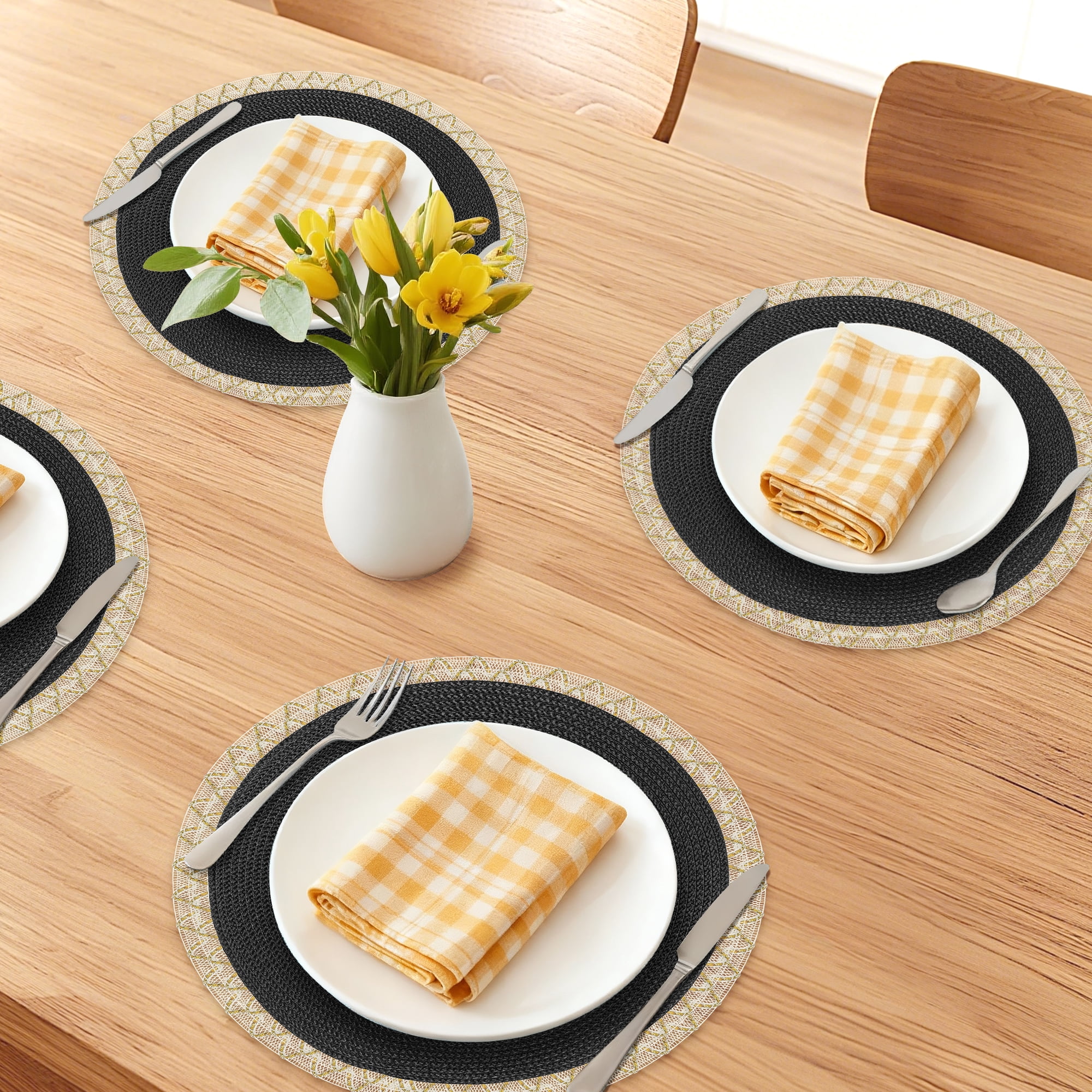 Unique Bargains Rustic Placemats 6 Pack Round Woven Placemats Black 15x15inch