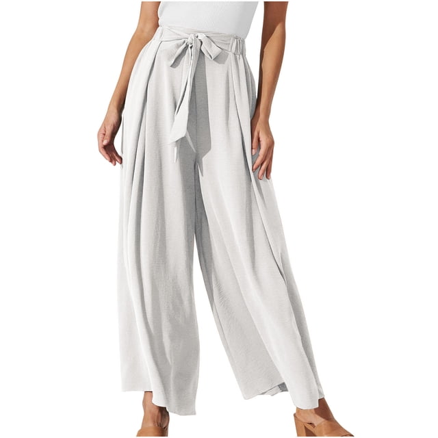 Timegard Womens Flowy Pants Wide Leg Elastic High Waist Tie Lightweight Beach Travel Casual Loose Pants