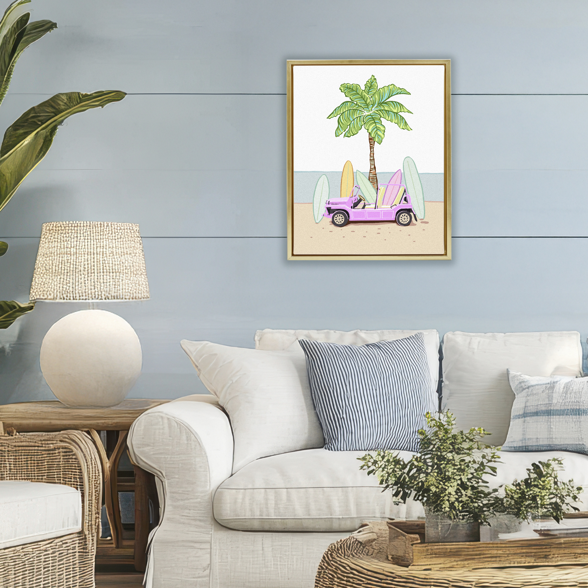 Surfboard Filled Car Gold Framed Floater Canvas Wall Art, design by Ziwei Li