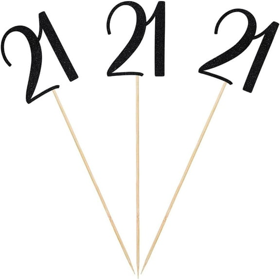 Black Glitter 21st Birthday Centerpiece Sticks, 12-Pack Number 21 Table Topper Anniversary Party Decorations