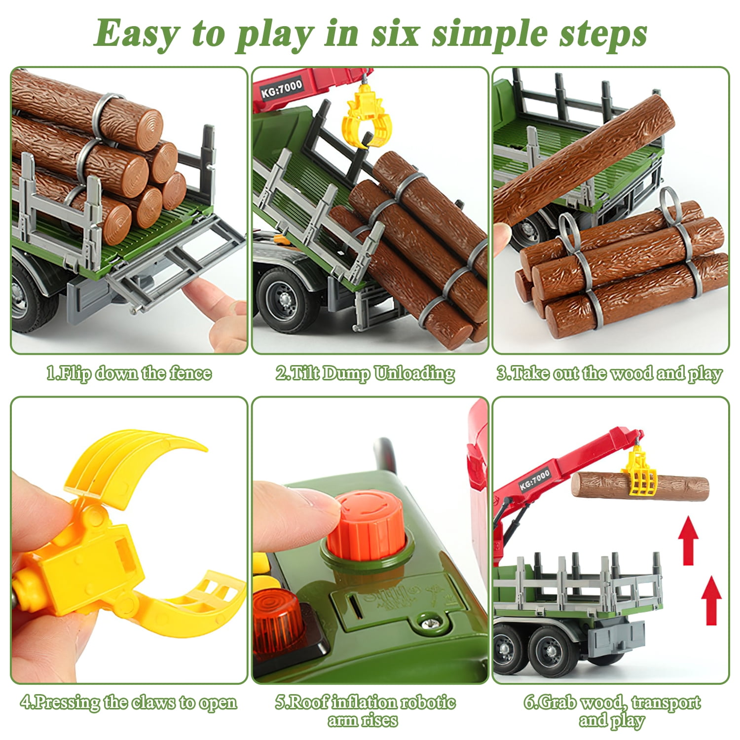 Kids Timber Truck Toy with Loading Crane, 15" Large Friction Powered Construction Truck with Lights and Sounds, Play Vehicle Toys for Kids