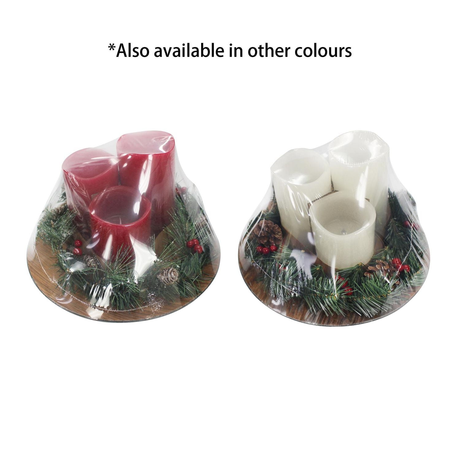 3pk Red LED Pillar Candle Set with Wreath and Plate