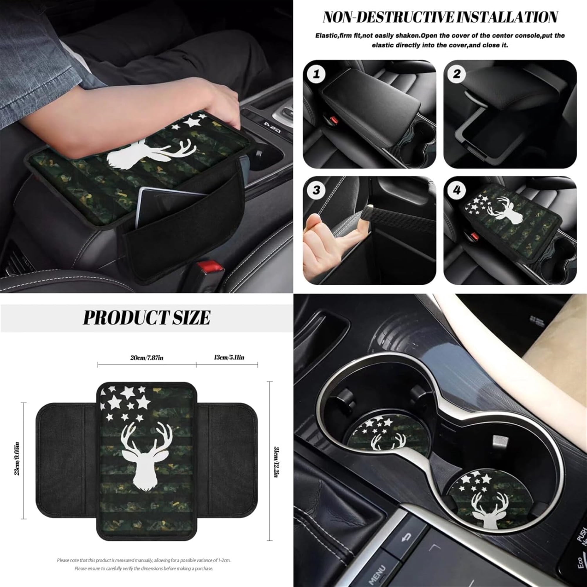 Jeiento Deer 12 PCS Front Car Seat Covers Set with Steering Wheel Cover Seat Belt Strap Pad Armrest Pad Trash Bag Phone Holder Rearview Mirror Cover Cup Holder Key Chain American Flag Camo Hunting
