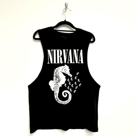 Nirvana Unisex Vest T-Shirt Seahorse & Logo Mono (Black)