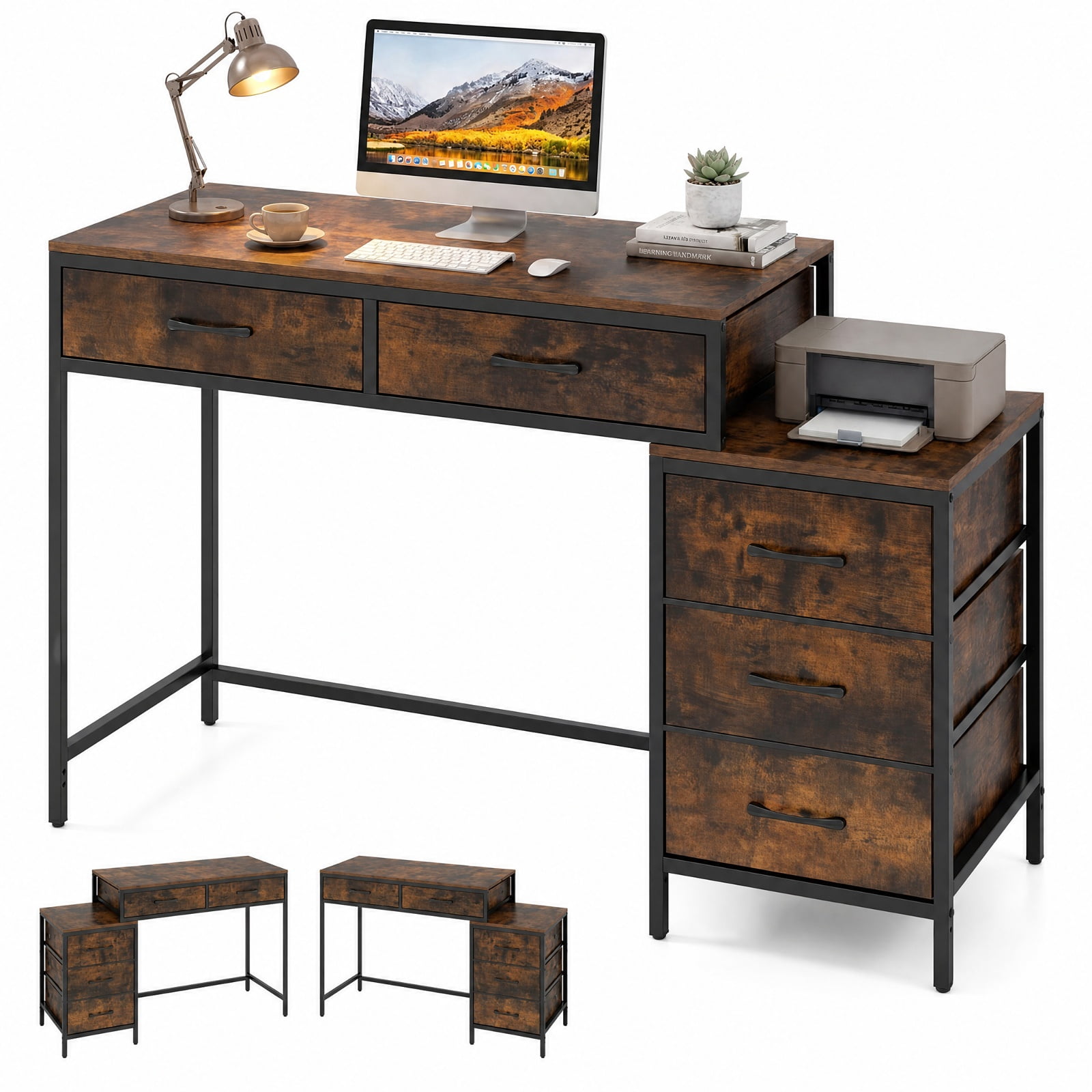 Furnibear Computer Desk with 5 Drawers and Printer Stand for Bedroom and Small Spaces for Home Office Study Computer Writing Workstation, Rustic Brown
