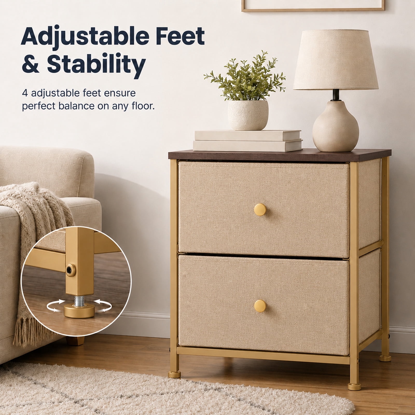Alvantor Nightstand with 2 Storage Drawers, Small Bedside Table, Small Dresser with Sturdy Wooden Top for Daily Essentials, Compact Nightstand for Bedroom and Small Spaces