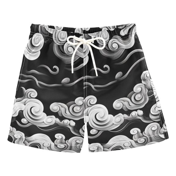 Black and White Abstract Clouds Boys Swim Trunks Quick Dry Boy Swim Shorts for 3-14 Years