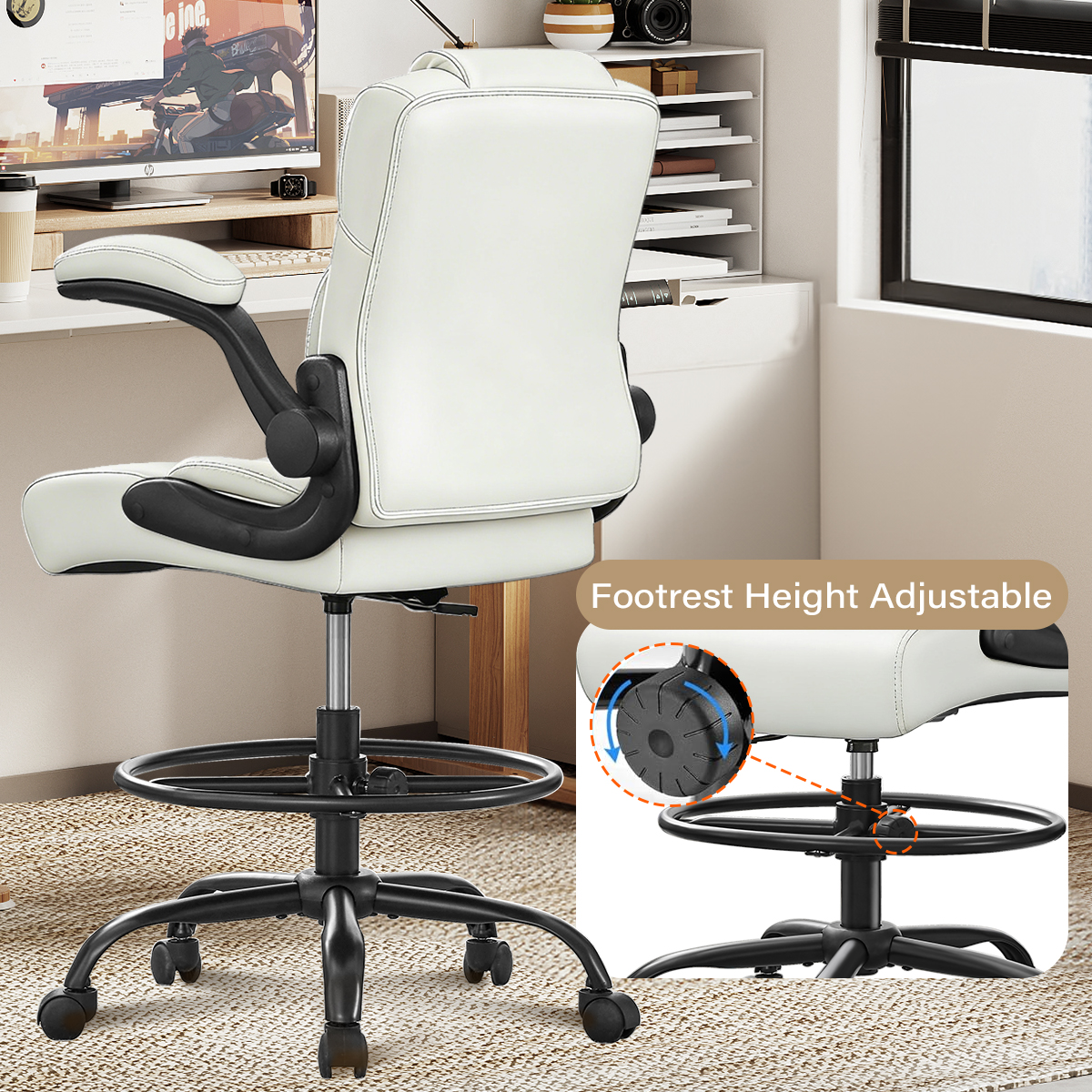 JONPONY 500 lbs Tall Office Chair with Flip-up Armrests for Standing Desk Executive Ergonomic Computer Leather Desk Chair with Lumbar Support, Adjustable Foot Ring for Home,WHITE
