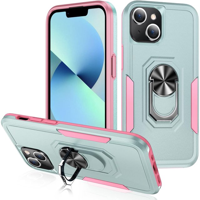Funda para iPhone 13, iPhone 14, con soporte magnético para coche y anillo de protección de doble capa, resistente a golpes, de grado militar, para mujer y niña, verde y rosa