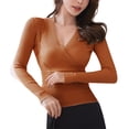 thumbnail image 1 of Hauts à Manches Longues pour Femmes Sexy Décontracté Mode Femmes Col en V Uni Manches Longues Croisé Pull Slim Hauts Longs Pulls pour Femmes Hauts Femmes Manches Longues, 1 of 3