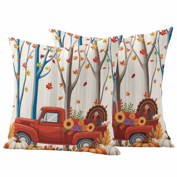 Fall Red Truck Outdoor Waterproof Pillow Covers, Thanksgiving Pumpkin Maple Leaf Turkey Decorative Square Throw Pillowcase Sofa Cushion Sham for Patio/Couch/Chair, 20"x20" 2 Pack