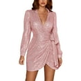 thumbnail image 2 of BLTIBY Women Sequin Evening Dress Hip Wrap V-Neck Ruched Waist Long Sleeve Glitter Cocktail Party Short Slim Formal Gown with Belt Pink M, 2 of 8