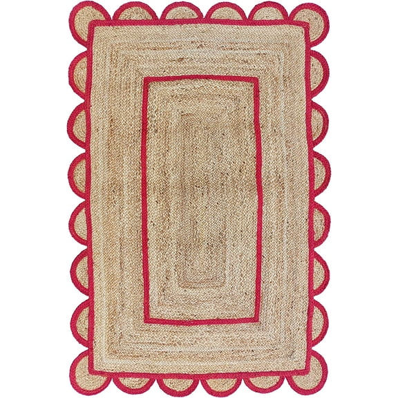 Red Color Scallop Pattern Jute Bohemian Area Rug