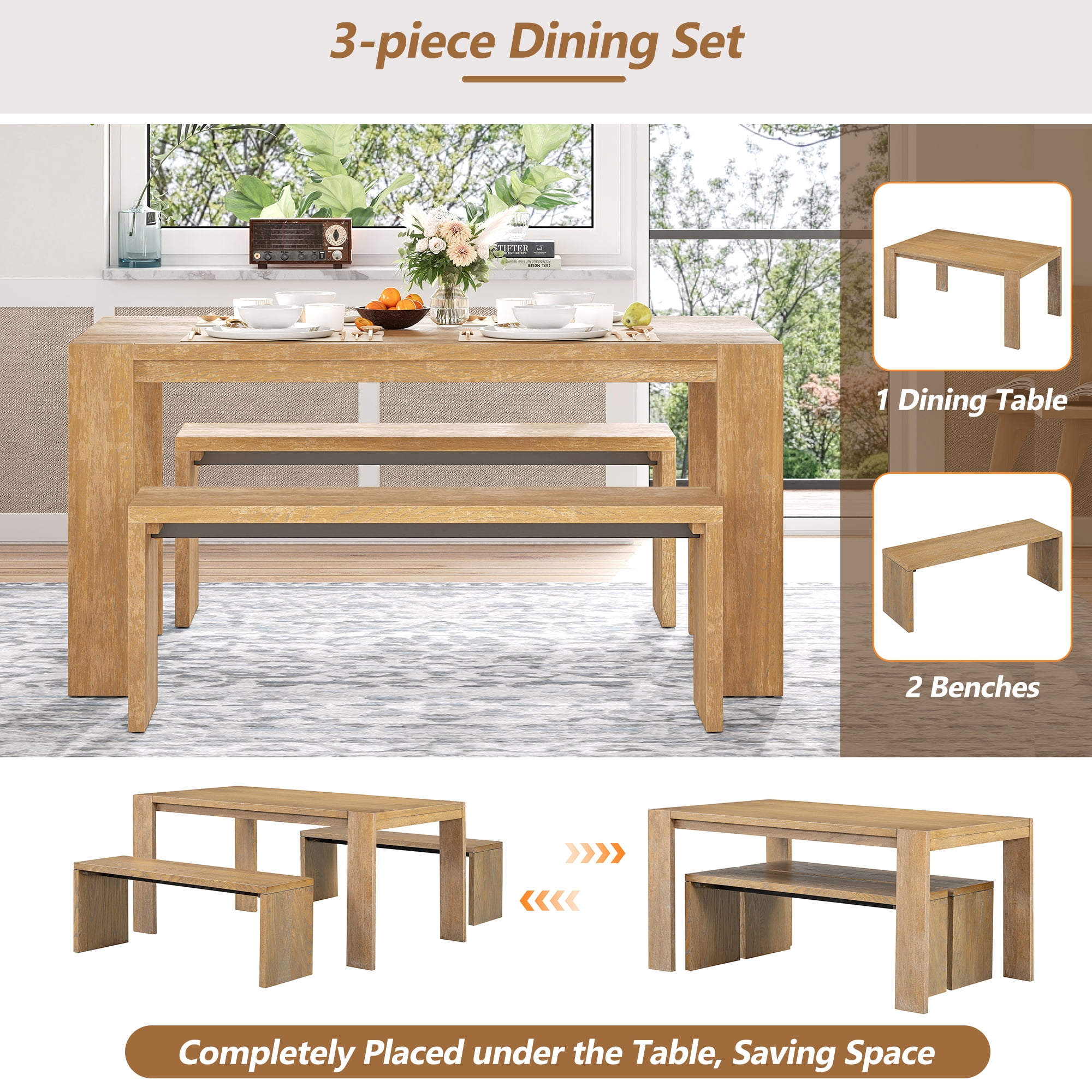 EUROCO 3-Piece Dining Table Set for 4, 60" Wood Kitchen Room Table Set with 2 Benches,Space-Saving Design for Apartment, Small Space and Breakfast Nook,Natural