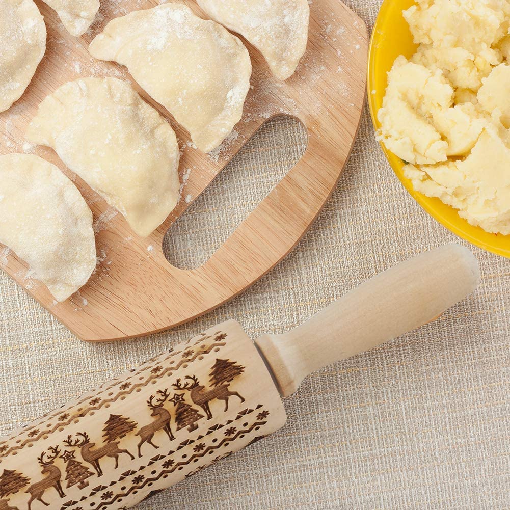 Christmas Wooden Rolling Pins, Engraved Embossing Rolling Pin with Xmas Symbols for Baking Embossed Cookies - image 4 of 7