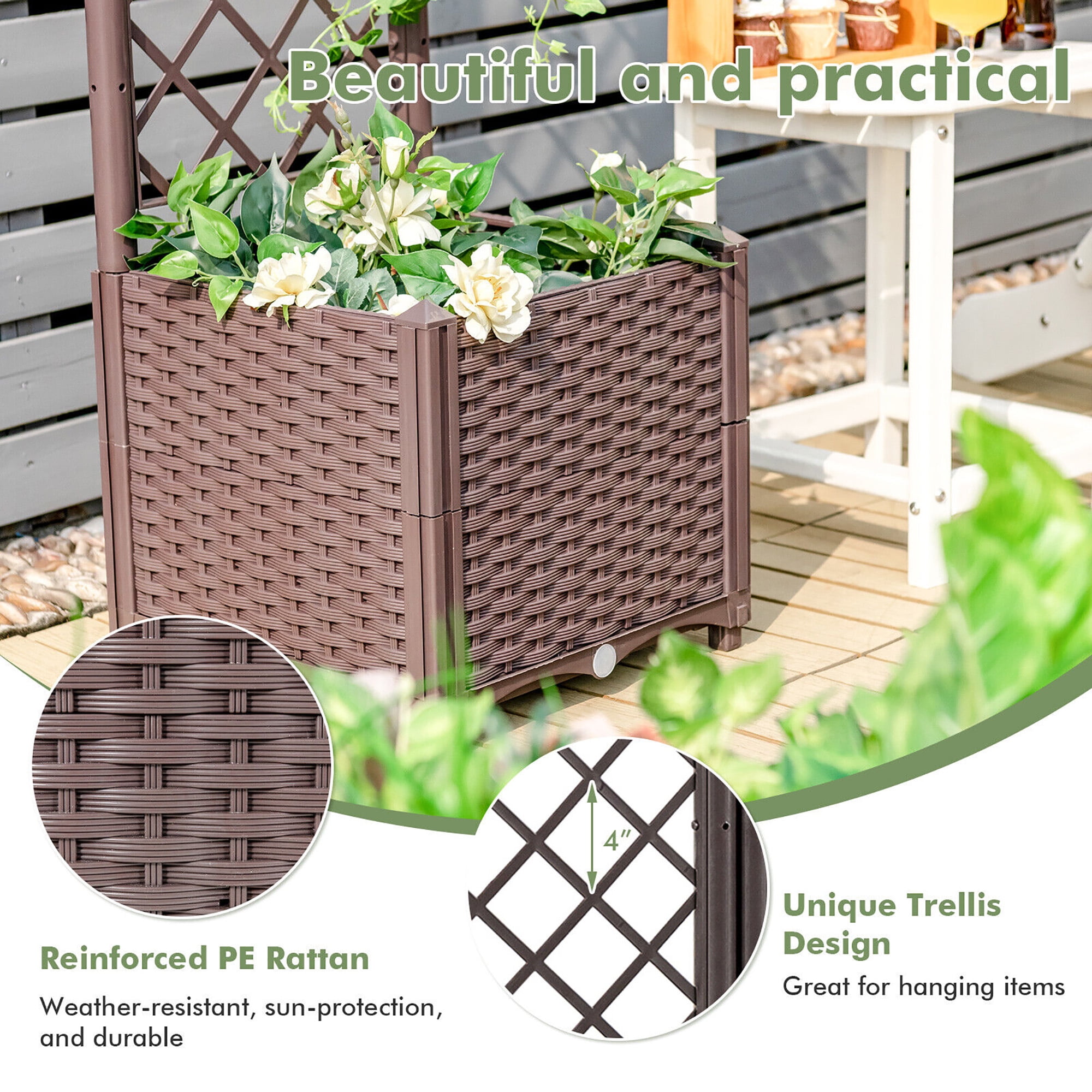 Gymax Raised Garden Bed w/Trellis Planter Box for Climbing Plants 16'' x 16'' x 53''