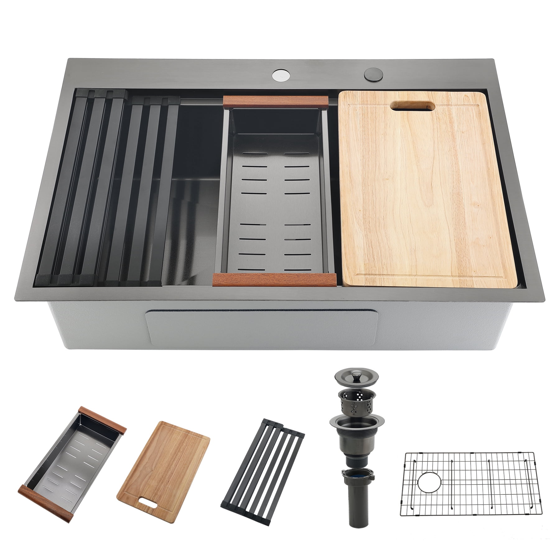 VsusKoos Kitchen 33" Top-Mount Sink, 304 Stainless Steel Deep Basin, 16-Gauge Thickened, Includes Cutting Board/Drain Rack/Colander