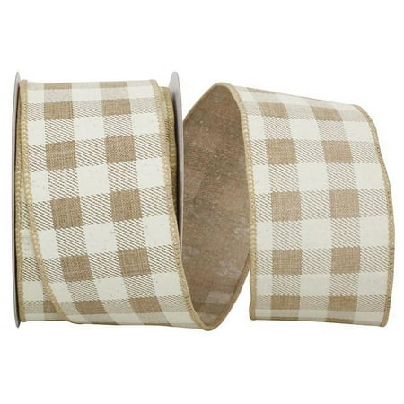 Reliant Ribbon - 93410W-750-40F Twill Check Print Linen Wired Edge Ribbon Natural 2-1/2 Inch 10 Yards