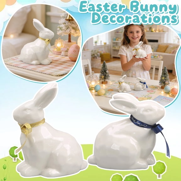 2PCS Easter Ceramic Bunny Decorations 5.9 Inch White Rabbit Figurine for Tabletop Home Decor