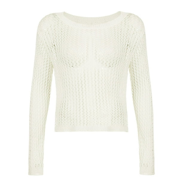 PMUYBHF Female Black Turtleneck Sweater Women Womens Knit Top Long Sleeve Crochet Hollow Out Crewneck Sweater Tops L