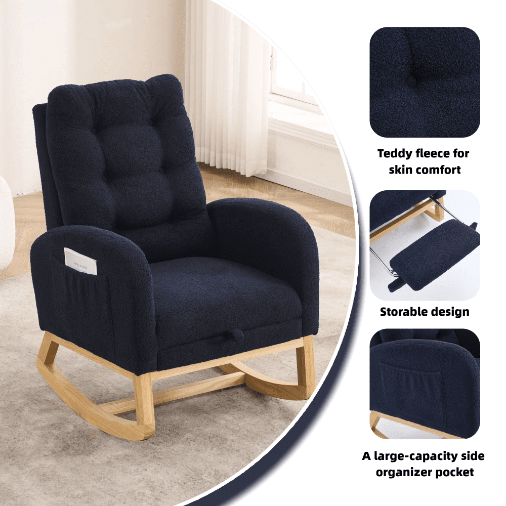 Modern Nursery Rocking Chair with Footrest,Modern Glider Chair with Adjustable Footrest,High Back Support and Side Pocket,Comfortable Rocking Chair for Living Room,Bedroom,Nursing Room,Blue