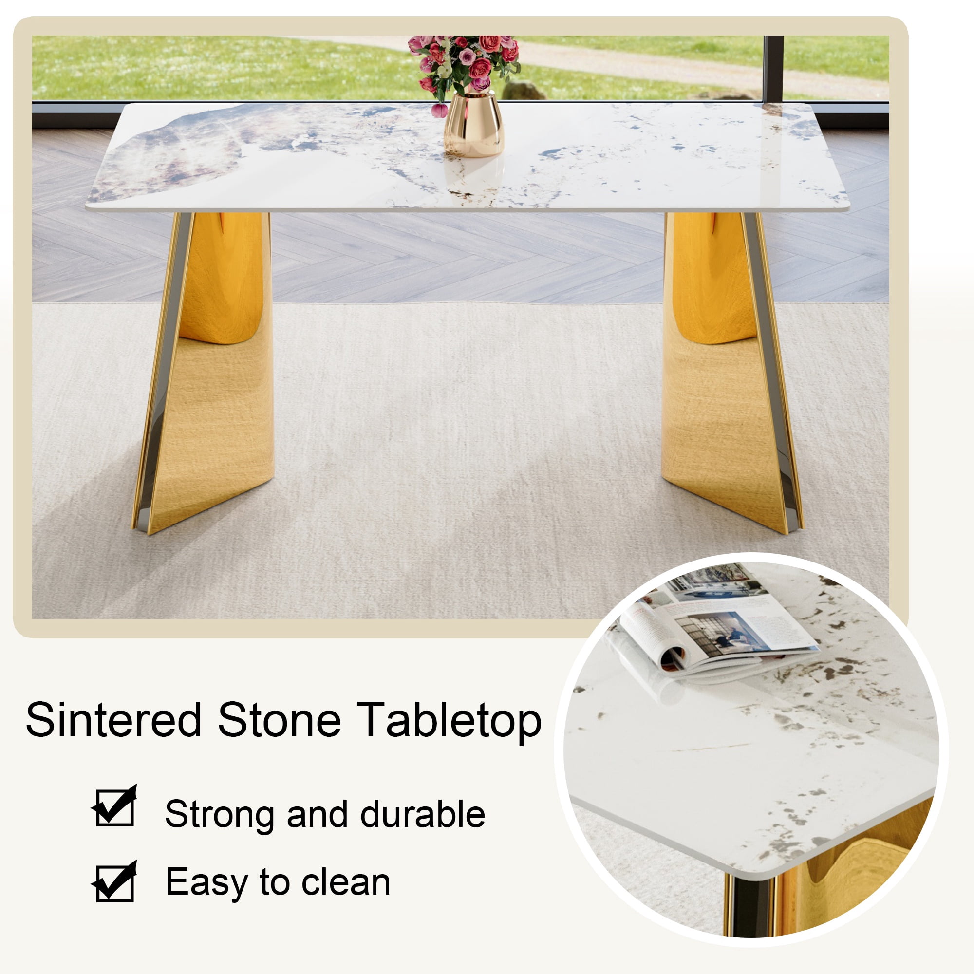 PORKISS Rectangular Dining Table for 4-6 People, Kitchen Table with Pandora Patterned Sintered Stone Top and Golden Stainless Steel Butterfly Legs, Scratch and Heat Resistant, White+Gold #1