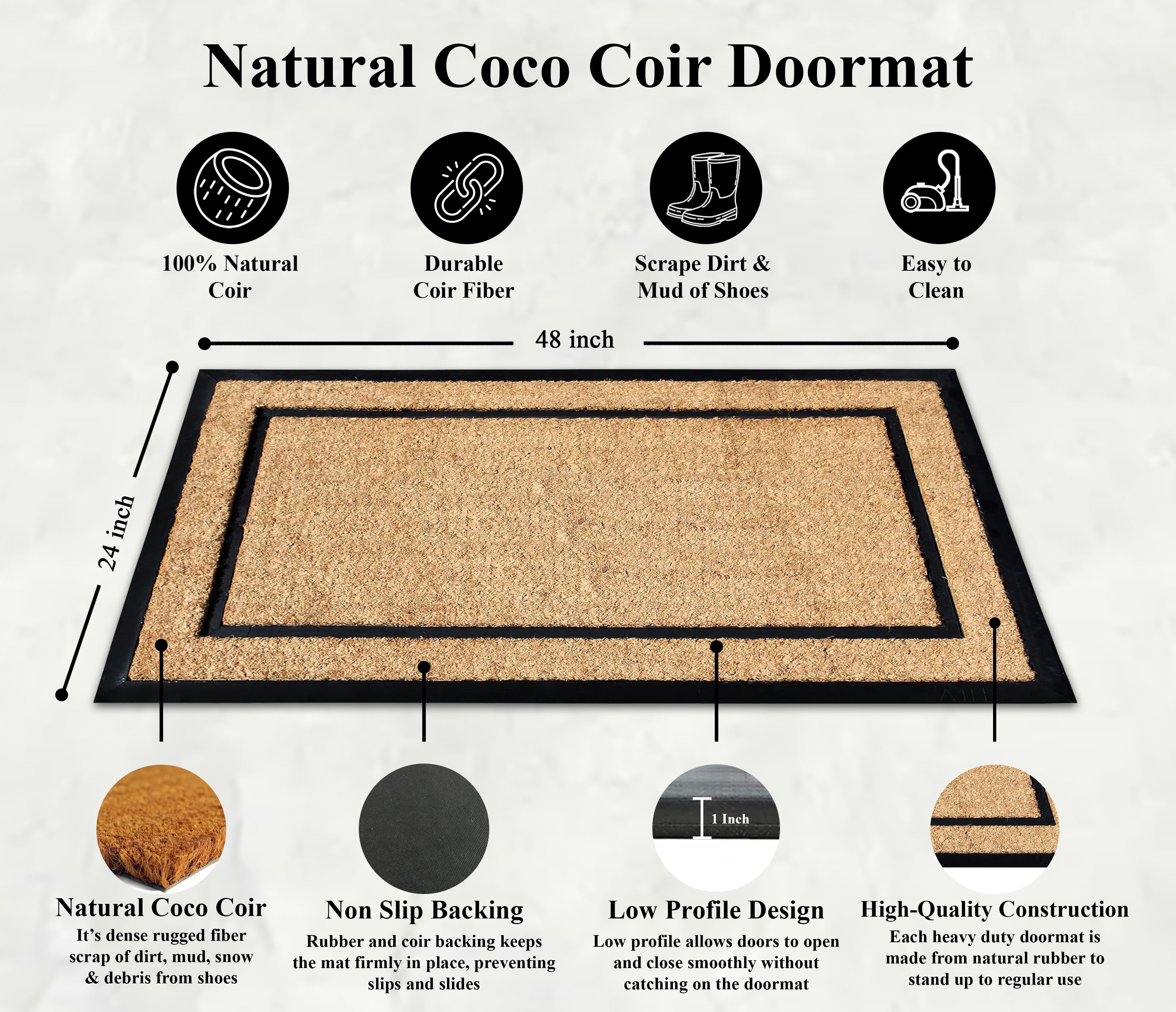 A1HC Entrance Coir and Rubber Door Mat, 24” x 48”, Durable Large Outdoor Rug, Non-Slip Welcome Doormat, Low-Profile Heavy Duty for Front Door Mats