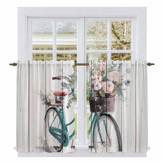 Bicycles Kitchen Curtain for Berdoom Living Room Cafe 54 Inch Length, Country Vehicle Botanical Flowers Wooden Plank Tiers Curtains Light Filtering Drapes Window Treatment 2 Panels 52"Wx54"L