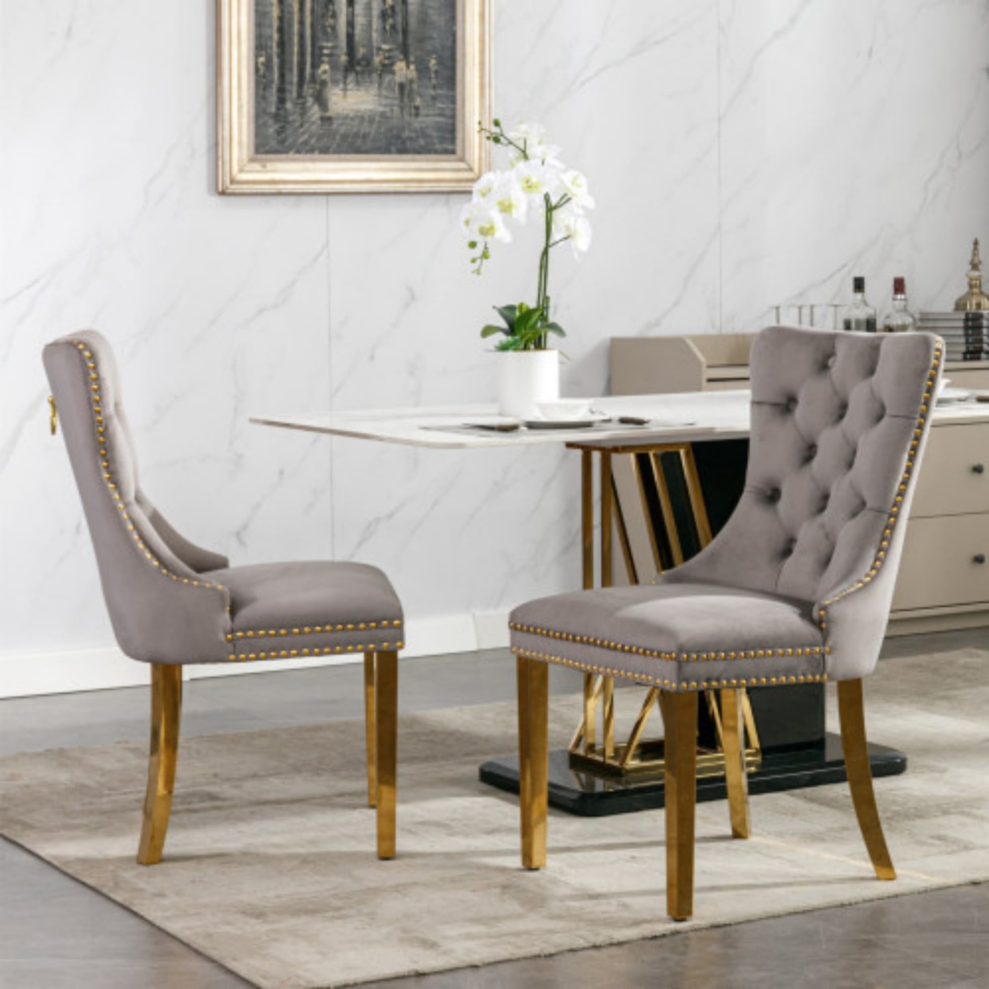 BSHTI 37.5" Velvet Upholstered Dining Room Chairs Set of 2, Modern Tufted Parson Chairs with Nailhead Trim, Foam Padded Seat for Dining Room/Kitchen(Gray)