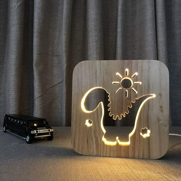Lámpara de noche 3D LED USB de madera tallada para niños, lámpara de mesa decorativa de 2,5 W - Dinosaurio