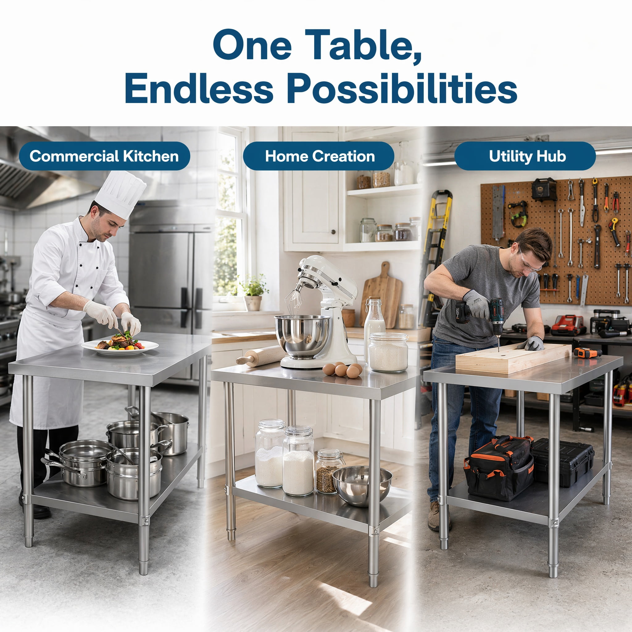 GARITIN 36 x 24 Inch Commercial Work Table, Stainless Steel Kitchen Prep Table with Under Shelf for Restaurant & Home, Silver