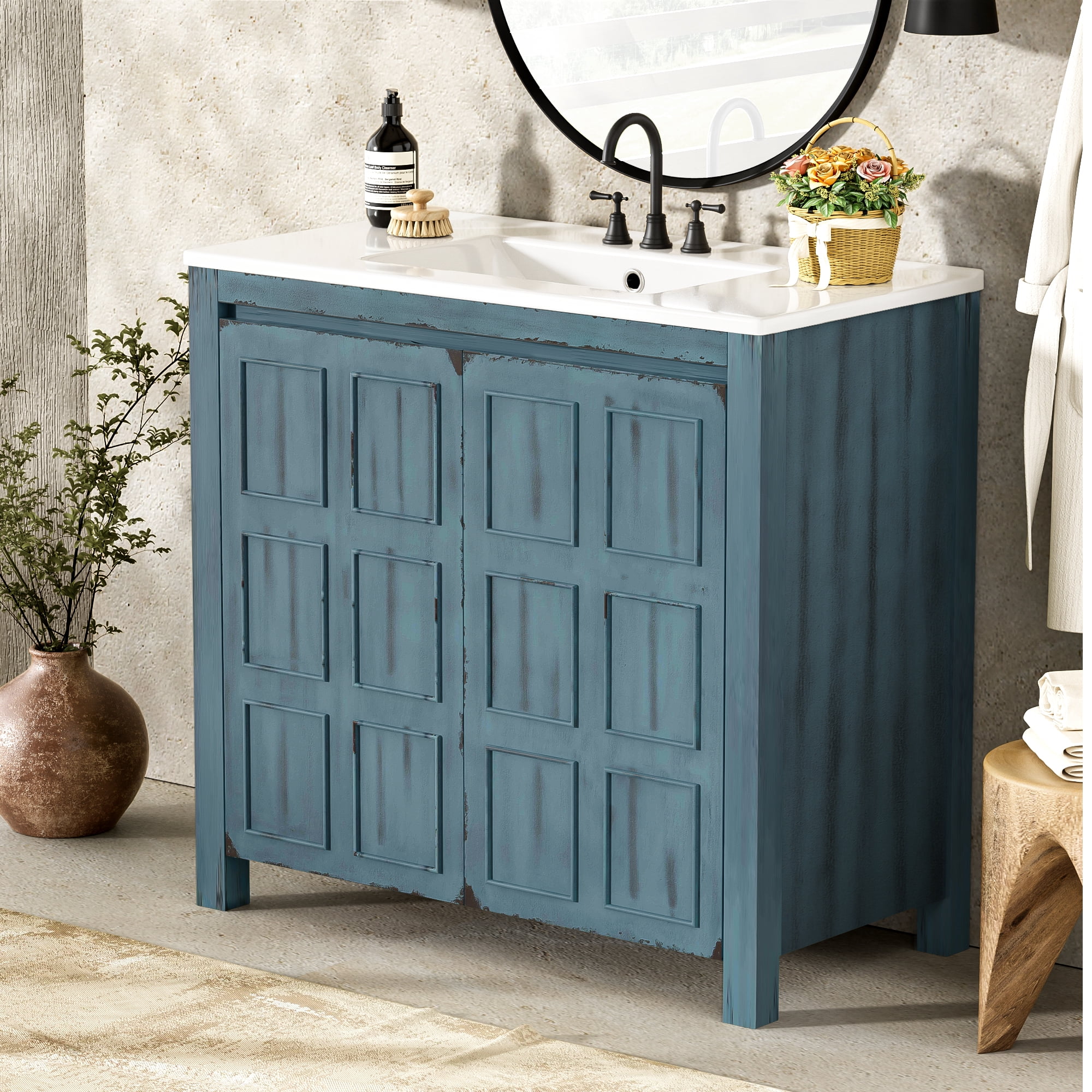 Euroco 36 " Bathroom Vanity Organizer with Ceramic Sink, Set Bathroom Storage Cabinet, Retro Blue