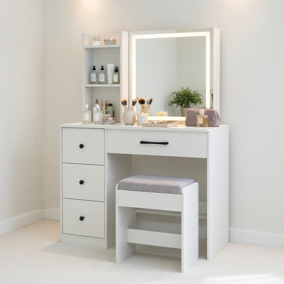 Resenkos Vanity Desk with Sliding Mirror Lights, Makeup Table Chair Set with 4 Drawer Storage for Bedroom, White