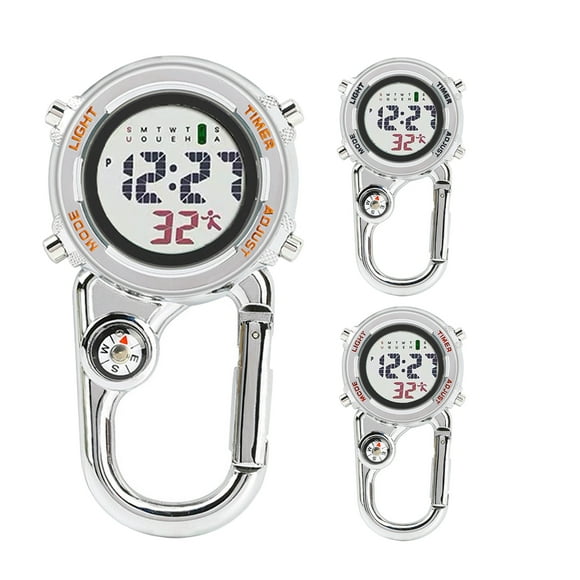 Happy Date Clip on Digital Carabiner Watch Backpack Fob Belt Waterproof and Shockproof Pocket Clip-on Quartz Watch Glow in The Dark with Compass Alarm Clock Date Week for Outdoor Sports