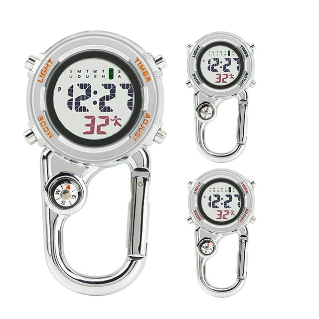 Happy Date Clip on Digital Carabiner Watch Backpack Fob Belt Waterproof and Shockproof Pocket Clip-on Quartz Watch Glow in The Dark with Compass Alarm Clock Date Week for Outdoor Sports