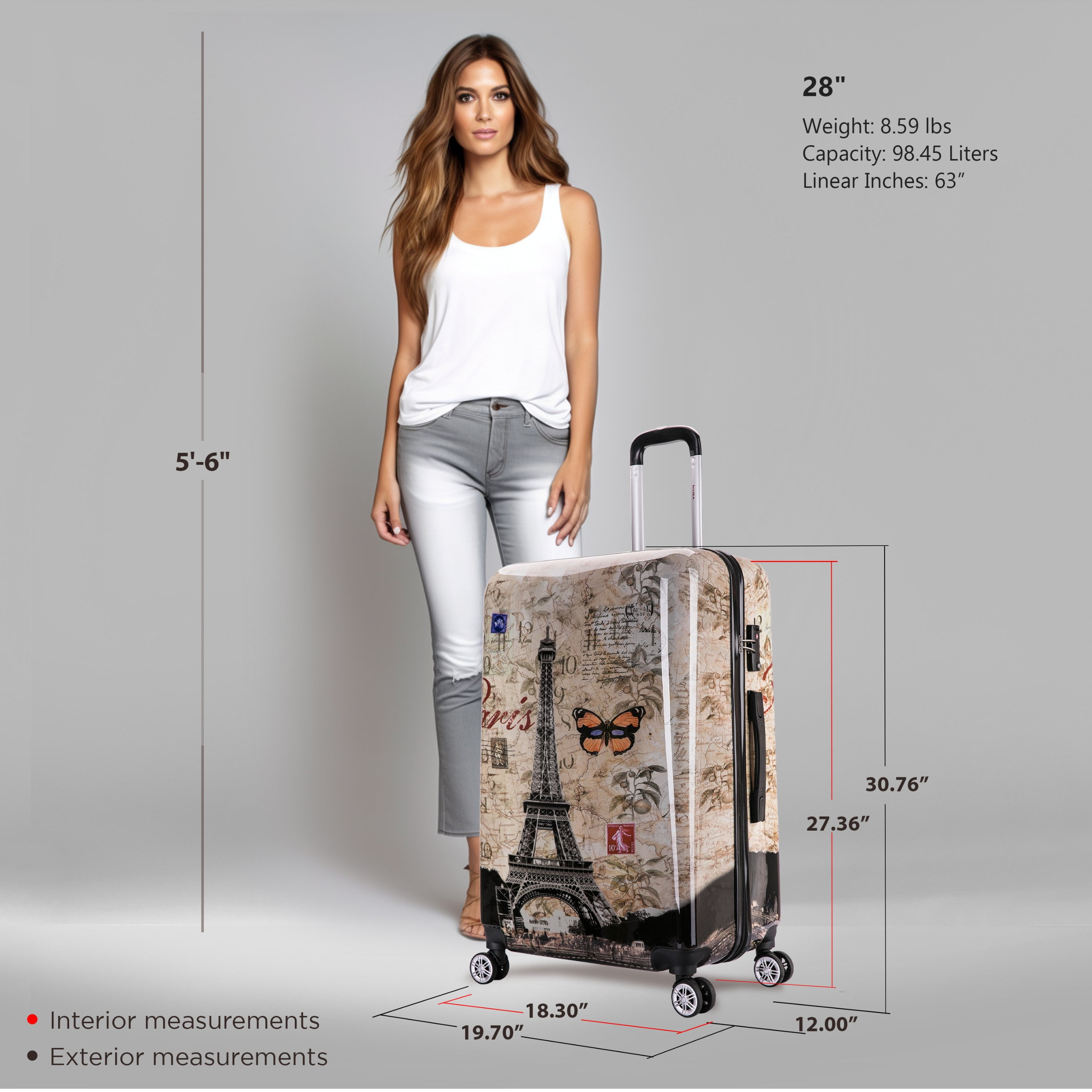 InUSA Print 28" Hardside Lightweight Luggage with Spinner Wheels, Handle and Trolley, Paris