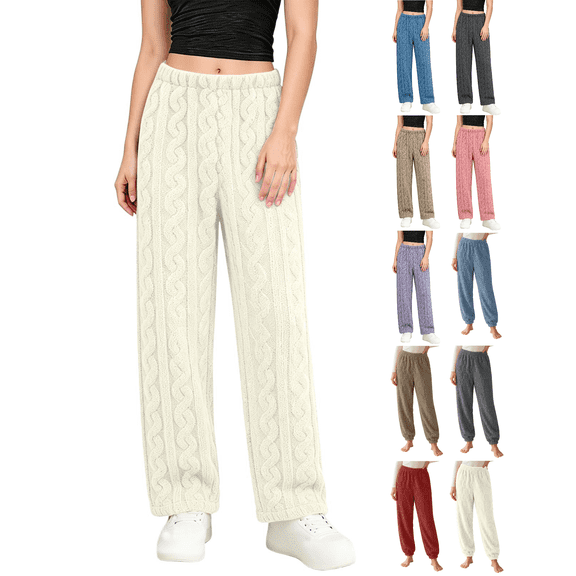 XUNKUSGA Womens Pajama Pants Fuzzy Fleece Cozy Wide Leg Pants for Women Loose Casual Elastic High Waist Women's Sleepwear Thermal Winter Fall Pj Bottoms Free Size