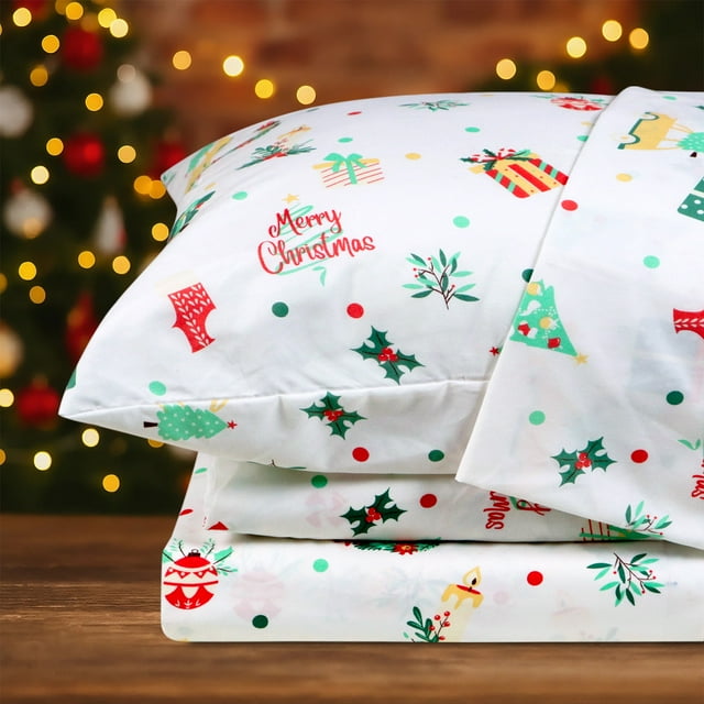 Hitime Queen Size 4-Piece Christmas Sheet Set - Ultra Soft & Breathable Polyester Bed Sheets, All Season Cooling Bedding with Deep Pockets, Wrinkle & Fade Resistant (Christmas Tiny Pattern)