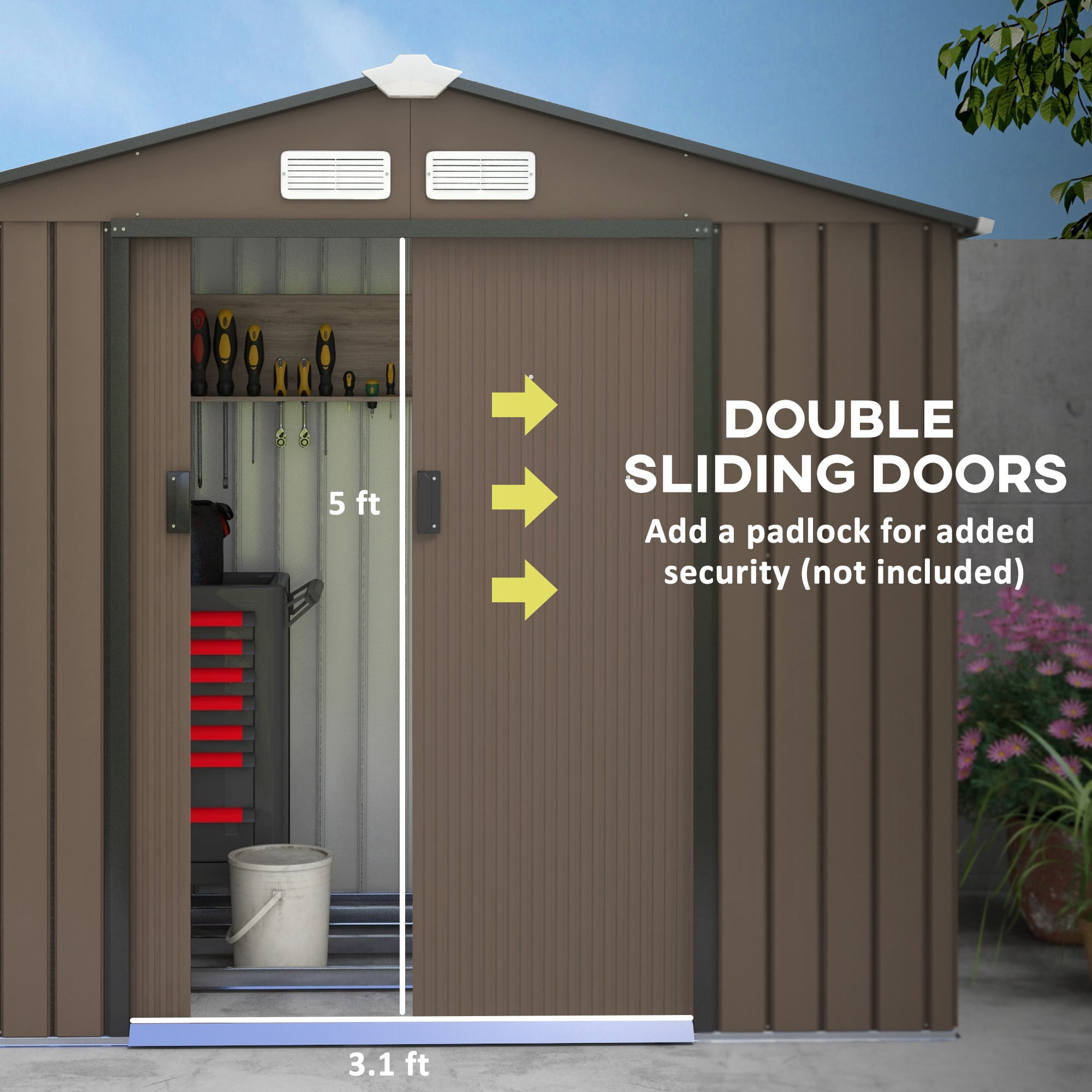 Outsunny 7' x 4' Metal Storage Shed Organizer, Garden Tool House with 4 Vents and 2 Sliding Doors for Backyard, Patio, Garage, Lawn, Brown