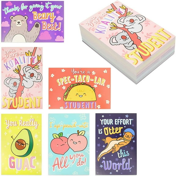 Paper Junkie Teacher Postcards - 96-Count, 4 x 6 in, Multicolor - Blank Pun Postcards for Students & Classroom Must Haves & Teacher Supplies with Cute Food & Animal Illustrations