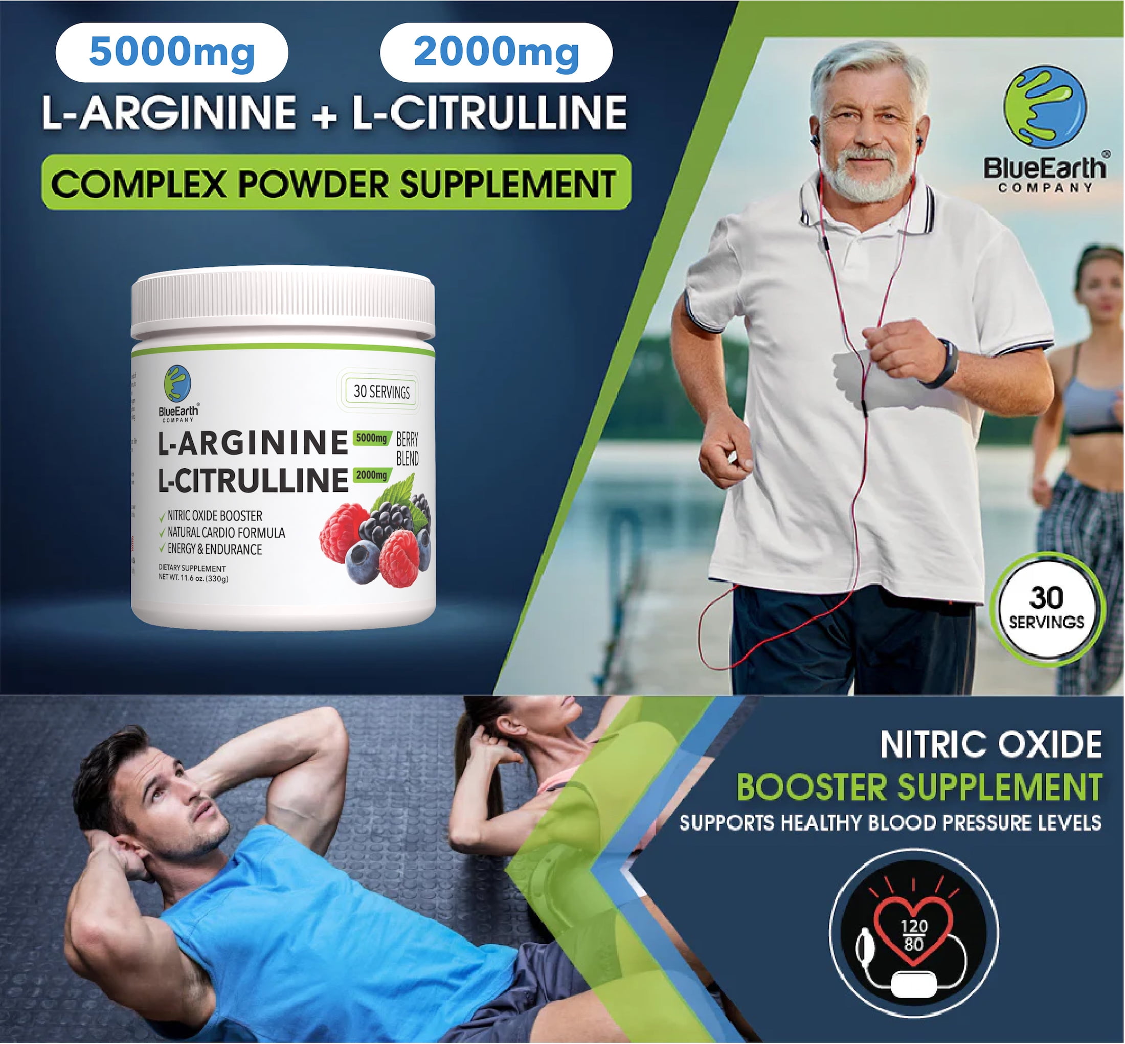 BlueEarth Company L-Arginine 5000mg, L-Citrulline 2000mg Supplement Powder, Nitric Oxide, Blood Pressure Support, Heart Health, Cardiovascular, Berry Blend 30 Servings