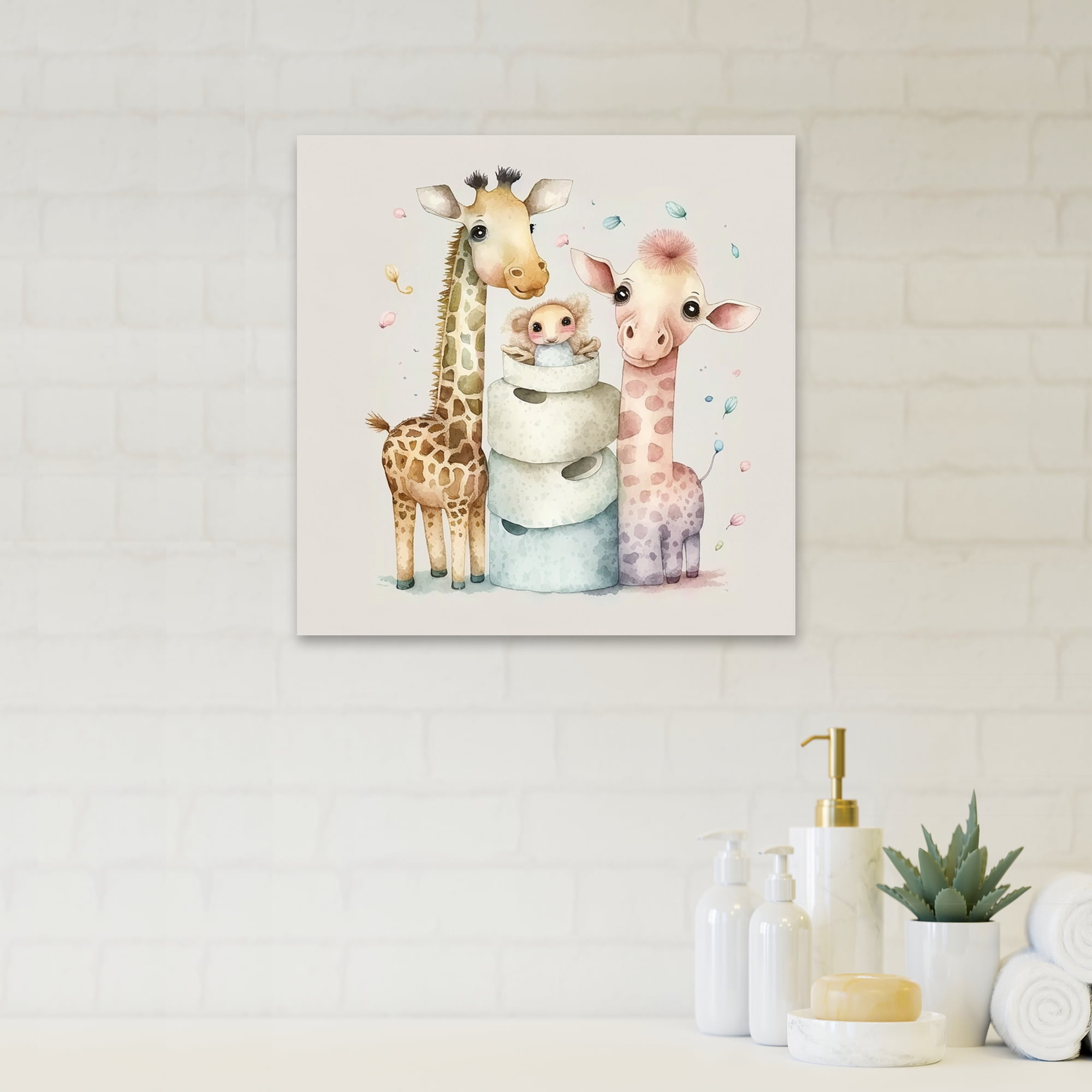 Designart Giraffes Building A Tower Of Toilet Paper Canvas Wall Art