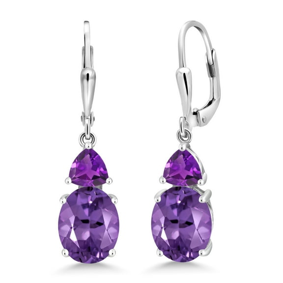 Gem Stone King 5.40 Cttw Purple Amethyst Dangle Earrings for Women | 925 Sterling Silver | Gemstone February Birthstone | Oval 10X8MM and Trillion 5MM