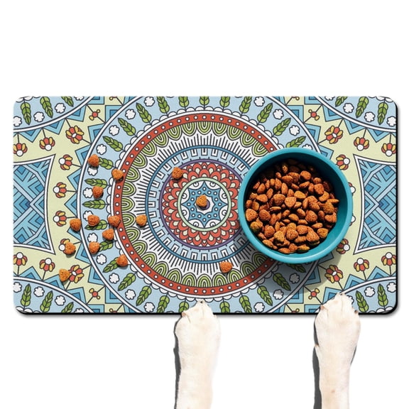 Pet Feeding Mat with Mystic Cultural Exotic Traditional Meditation Pattern, Durable Waterproof Absorbent Non-Slip Dog Food Mat Easy Clean