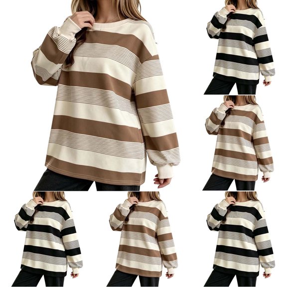 SBYOJLPB Women's Pajamas Tops Striped Printed Long Sleeve Crew Neck Loose Casual Pajamas