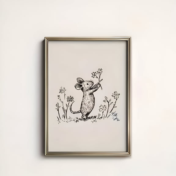 Vintage Cute Mouse Wildflower Wall Art Poster Childlike Animal Print for Bedroom Living Room Aesthetic Decor Unframed Gift for Friends, UNFRAMED 8x12