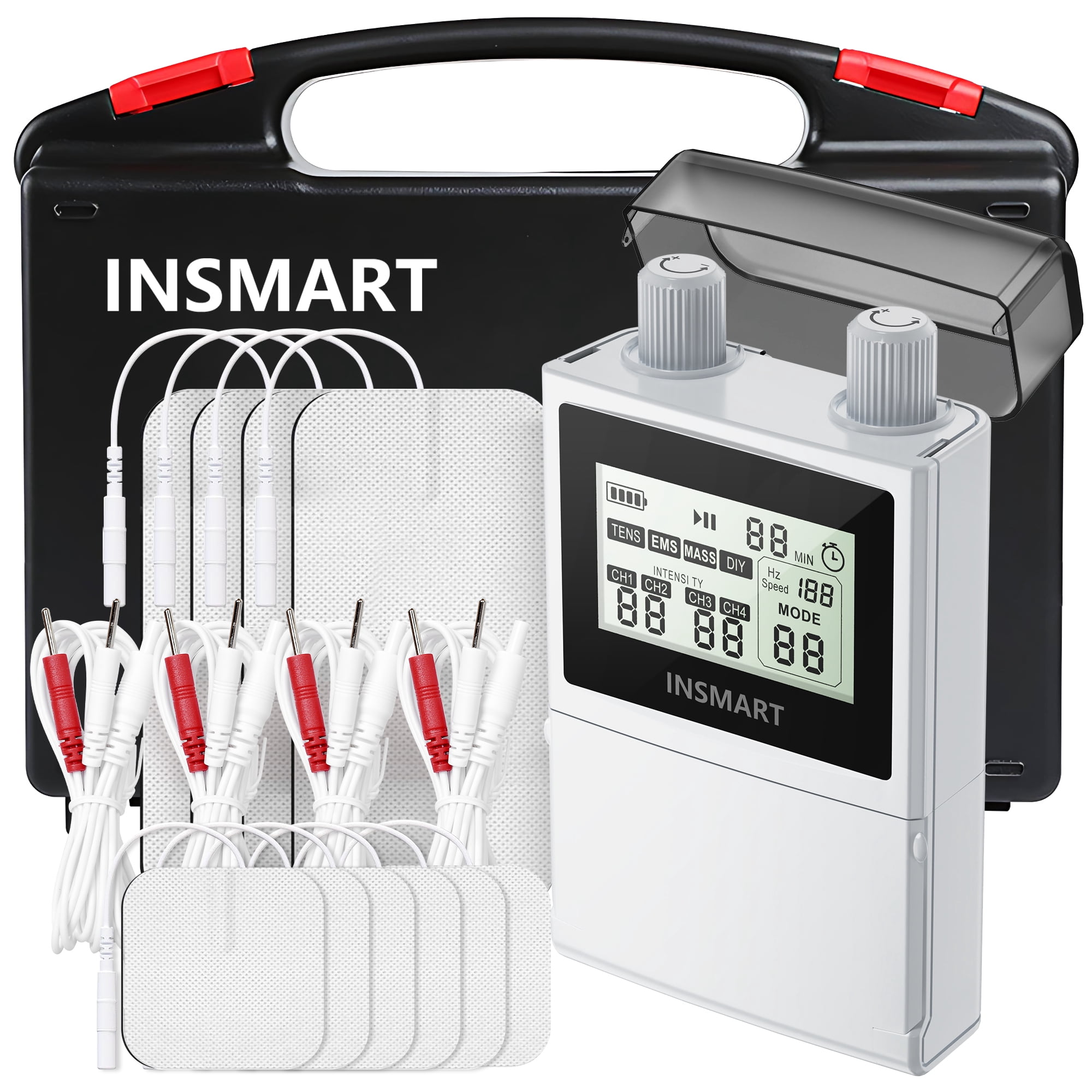 INSMART TENS Unit Rechargeable Muscle Stimulator EMS 4 Channels with 10 Reusable Electrode Pads 60 Modes 30 Intensities for Back Neck Pain Muscle Therapy Pain Management Pulse Massager (DIY)